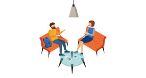 Grafik zwei Personen auf Sofas im Gespräch