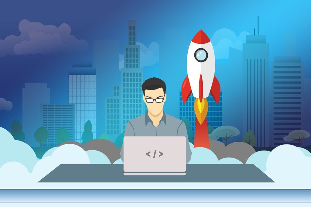 Comic-ähnliche Darstellung eines Mannes am Laptop mit Rakete im Hintergrund